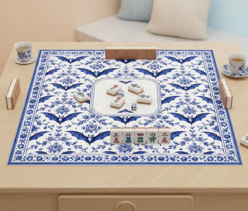 Blue Chinoiserie Bat Mahjong Mat, Gothic Floral Table Cover, Delft Blue Halloween Game Night Decor