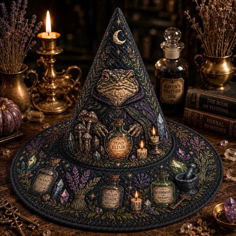 Halloween Quilted Witch Hat, Haunted Apothecary Toad Elixir Hat, Witchy Potion Bottle Table Decor, Gothic Fall Fabric Centerpiece