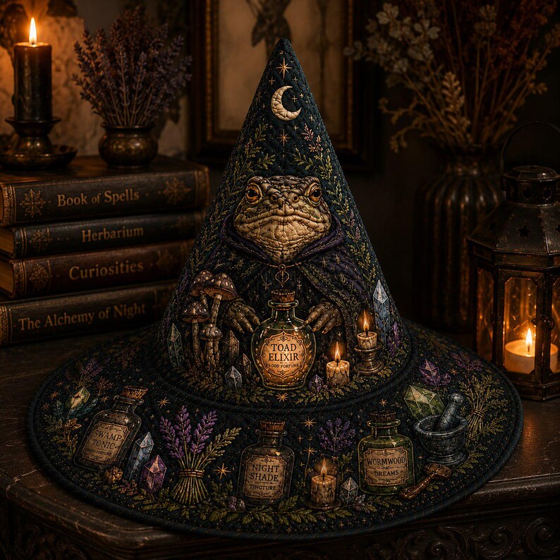Halloween Quilted Witch Hat, Haunted Apothecary Toad Elixir Hat, Witchy Potion Bottle Table Decor, Gothic Fall Fabric Centerpiece