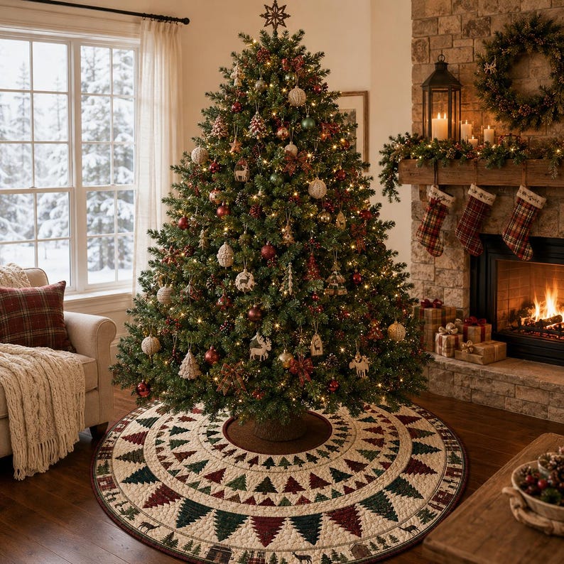 Quilted Christmas Tree Skirt, Patchwork Pine Tree Skirt, Farmhouse Holiday Decor