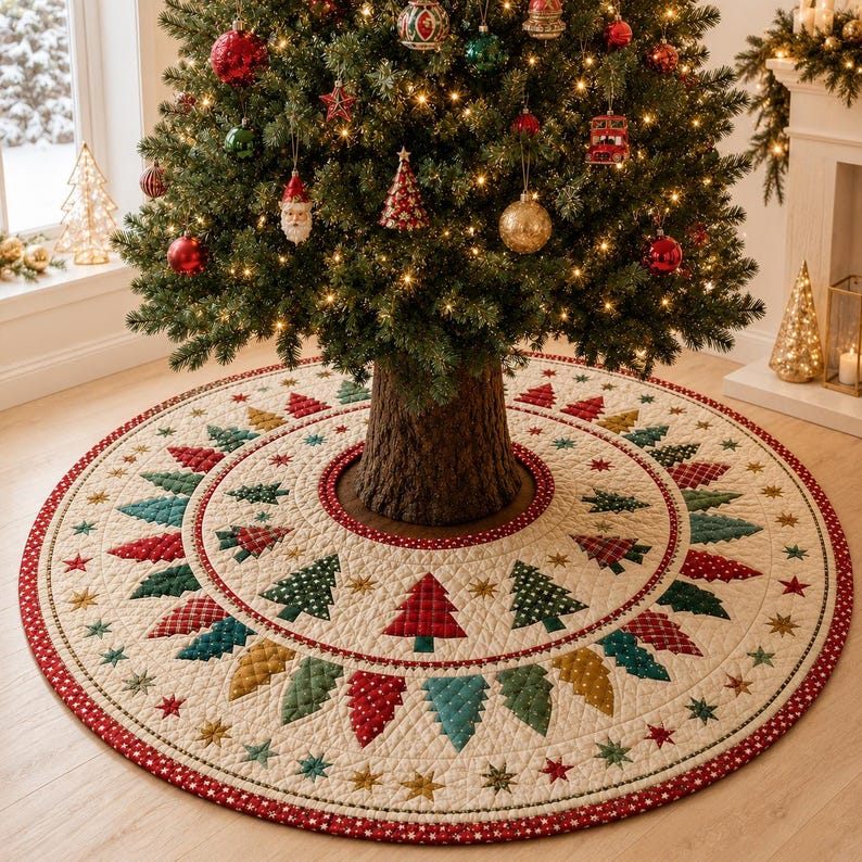 Quilted Christmas Tree Skirt, Patchwork Pine Tree Skirt, Farmhouse Holiday Decor