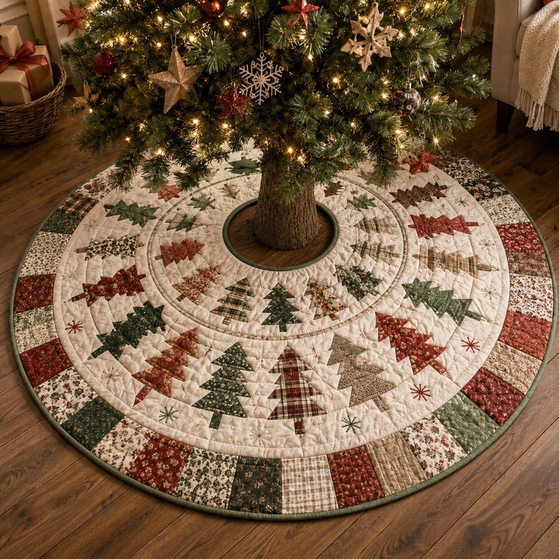 Quilted Christmas Tree Skirt, Patchwork Pine Tree Skirt, Farmhouse Holiday Decor
