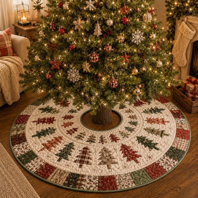 Quilted Christmas Tree Skirt, Patchwork Pine Tree Skirt, Farmhouse Holiday Decor