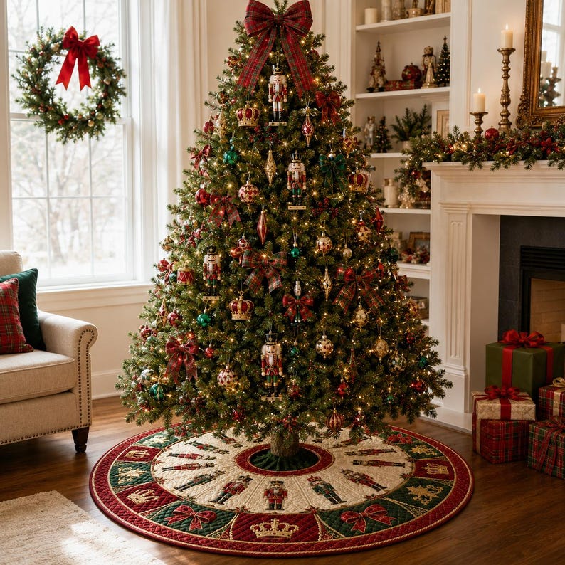 Nutcracker Christmas Tree Skirt, Quilted Patchwork Holiday Decor, Traditional Red Green Tree Mat, Royal Crown Design