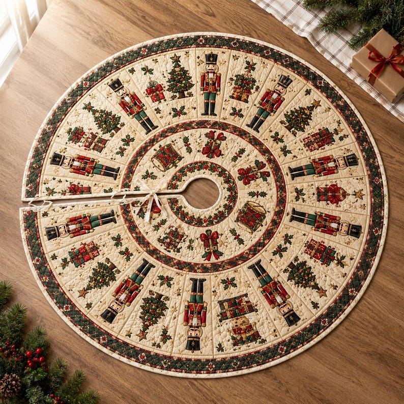 Nutcracker Christmas Tree Skirt, Quilted Patchwork Holiday Decor, Traditional Red Green Tree Mat, Royal Crown Design