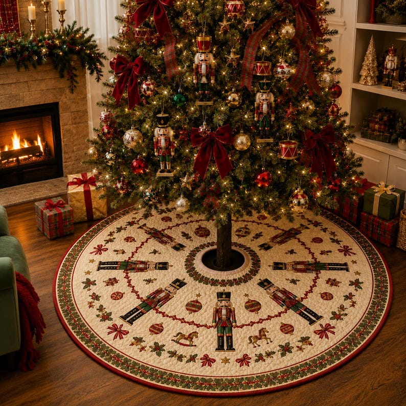 Nutcracker Christmas Tree Skirt, Quilted Patchwork Holiday Decor, Traditional Red Green Tree Mat, Royal Crown Design