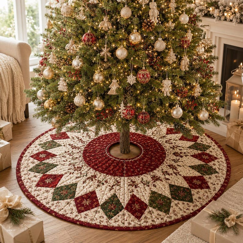 Patchwork Christmas Tree Skirt, Quilted Red Green Holiday Decor, Traditional Farmhouse Tree Mat