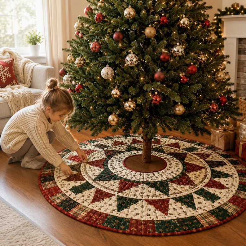Patchwork Christmas Tree Skirt, Quilted Red Green Holiday Decor, Traditional Farmhouse Tree Mat