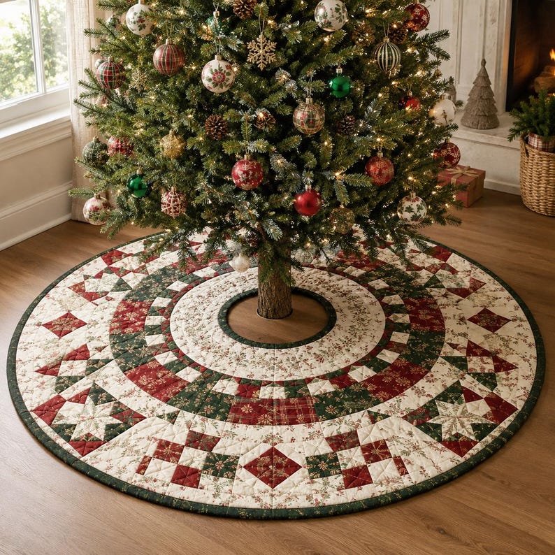 Patchwork Christmas Tree Skirt, Quilted Red Green Holiday Decor, Traditional Farmhouse Tree Mat