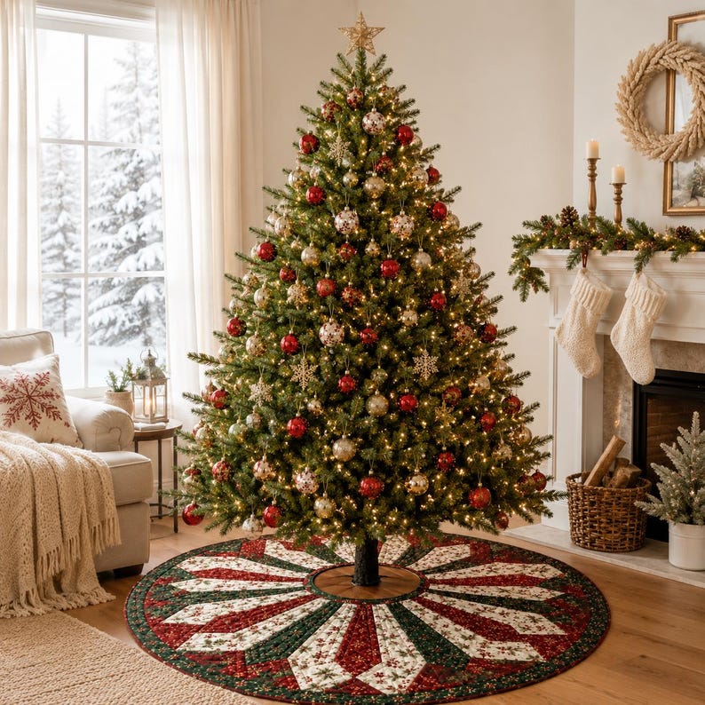 Patchwork Christmas Tree Skirt, Quilted Red Green Holiday Decor, Traditional Farmhouse Tree Mat