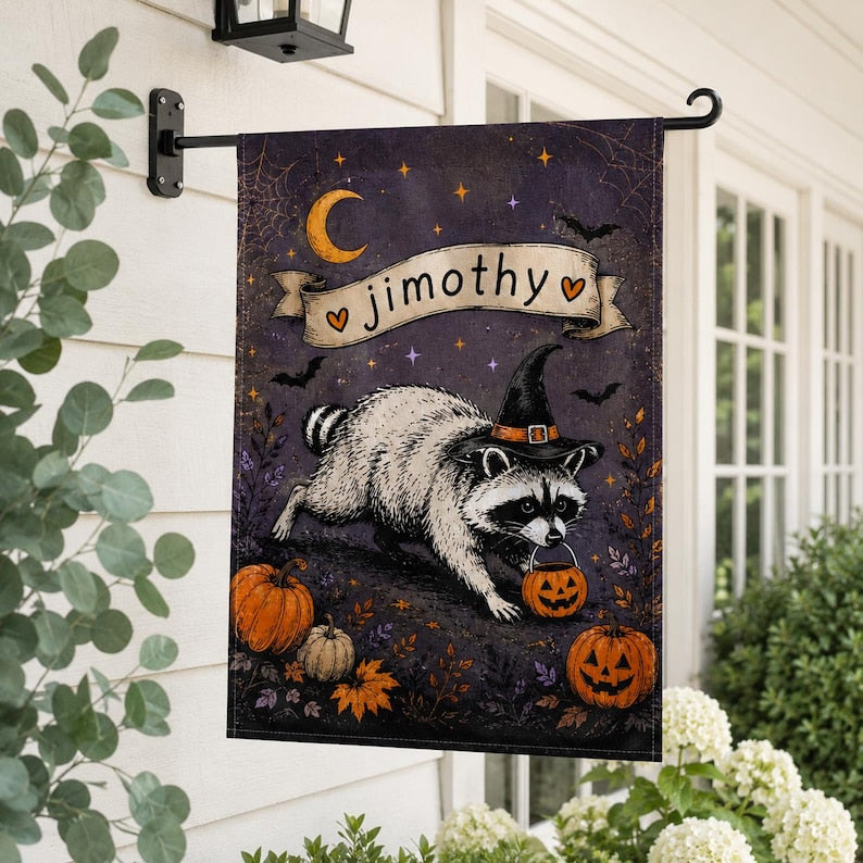 Personalized Jimothy Raccoon Garden Flag, Funny Jimothy Halloween Flag, Spooky Fall Porch Flag