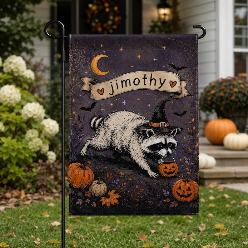 Personalized Jimothy Raccoon Garden Flag, Funny Jimothy Halloween Flag, Spooky Fall Porch Flag