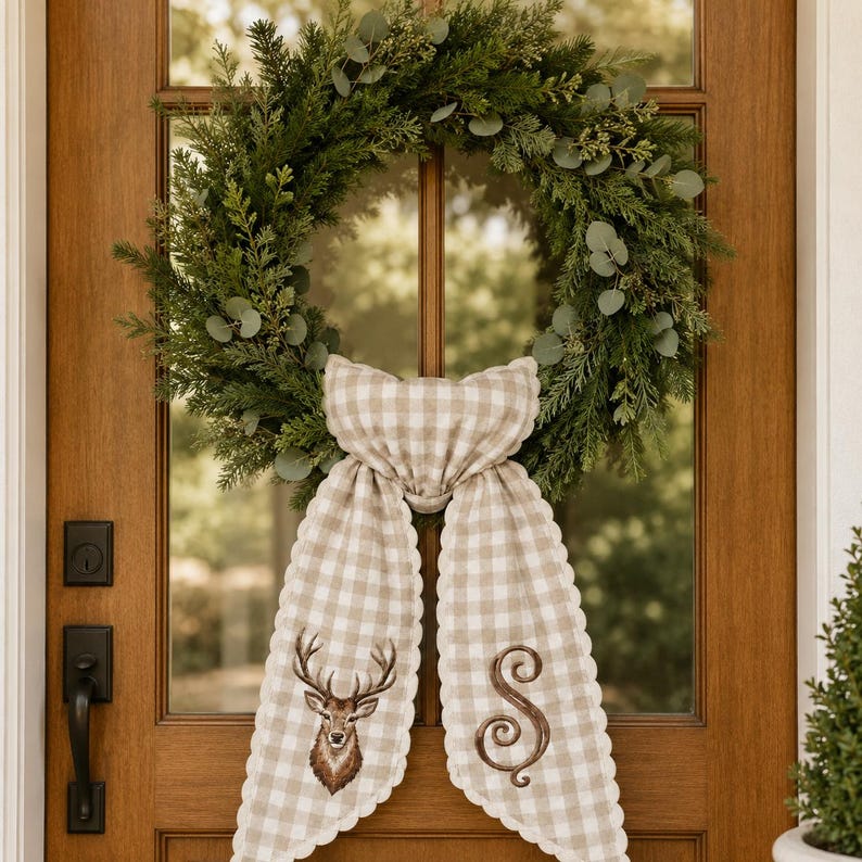 Personalized Embroidered Wreath Sash, Deer Monogram Door Bow, Beige Gingham Rustic Front Door Decor