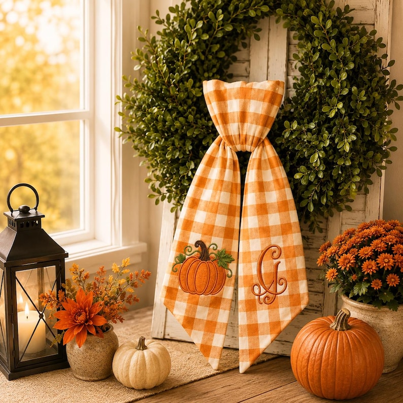 Personalized Pumpkin Wreath Sash, Embroidered Halloween Front Door Decor, Custom Monogram Bow, Fall Porch Accent