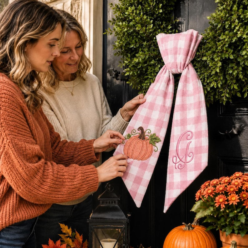 Personalized Pumpkin Wreath Sash, Embroidered Halloween Front Door Decor, Custom Monogram Bow, Fall Porch Accent