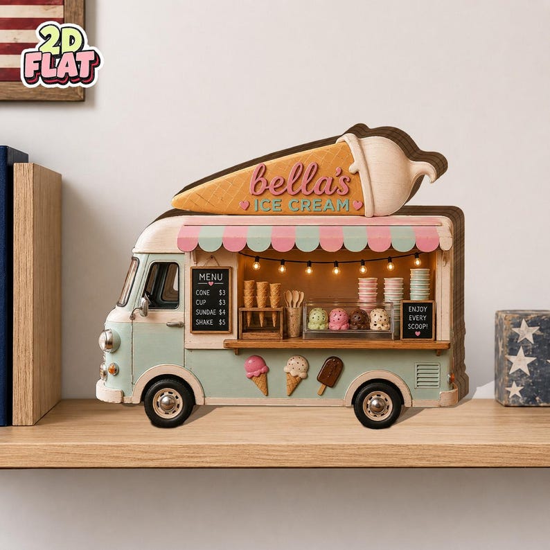 Personalized Ice Cream Truck Wooden Block Decor, Custom Ice Cream Stand Shelf Sitter, Summer Dessert Shop Decor