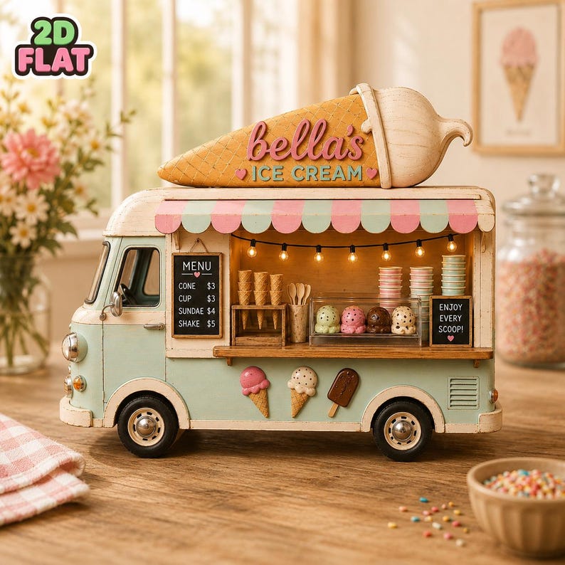Personalized Ice Cream Truck Wooden Block Decor, Custom Ice Cream Stand Shelf Sitter, Summer Dessert Shop Decor