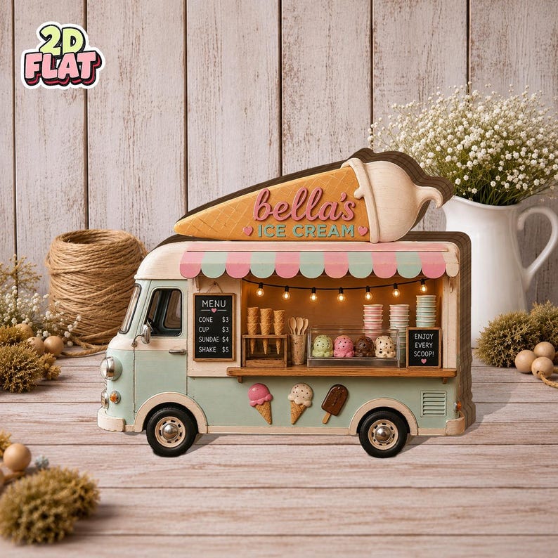 Personalized Ice Cream Truck Wooden Block Decor, Custom Ice Cream Stand Shelf Sitter, Summer Dessert Shop Decor