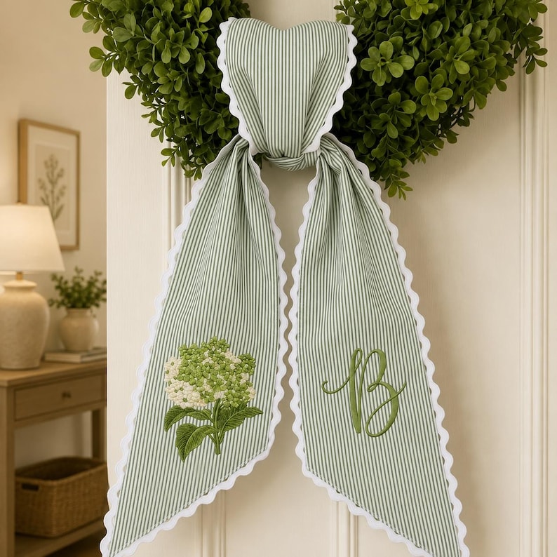 Personalized Hydrangea Wreath Sash with Monogram, Custom Embroidered Striped Wreath Bow, Front Door Decor, Spring Summer Gift