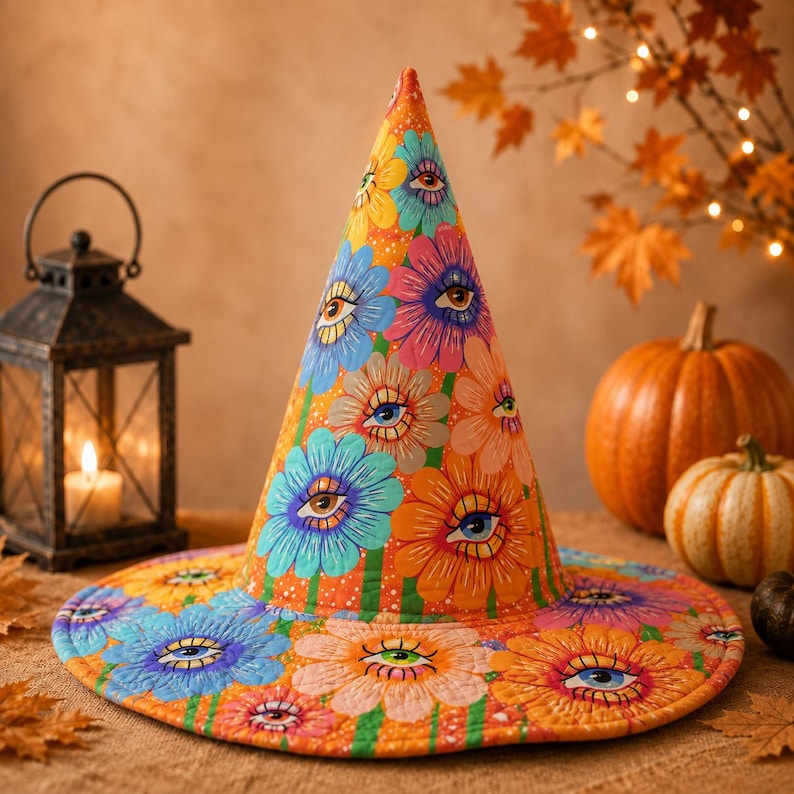 Colorful Floral Evil Eye Quilted Witch Hat, Orange Halloween Costume