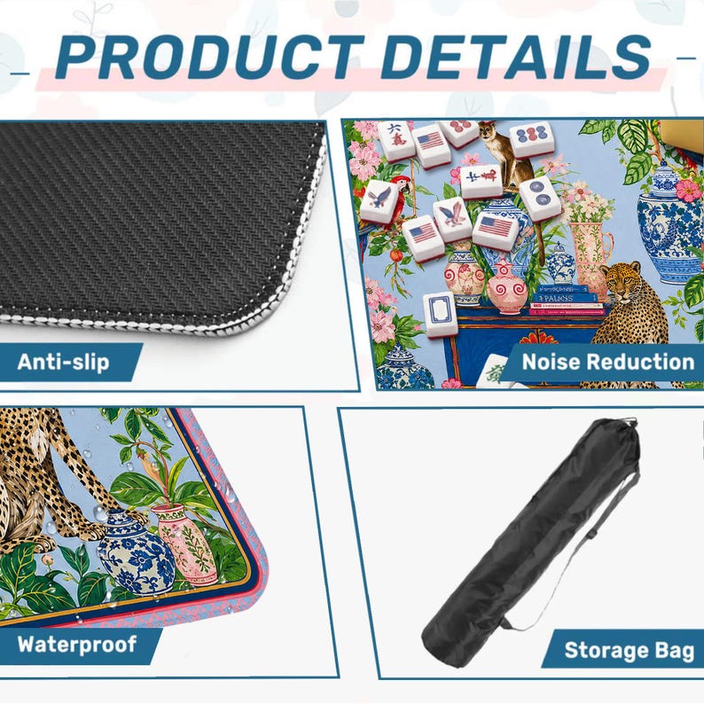 Vibrant Chinoiserie Mahjong Mat, Exotic Animals And Floral Print, Decorative Game Pad, Elegant Table Accessory