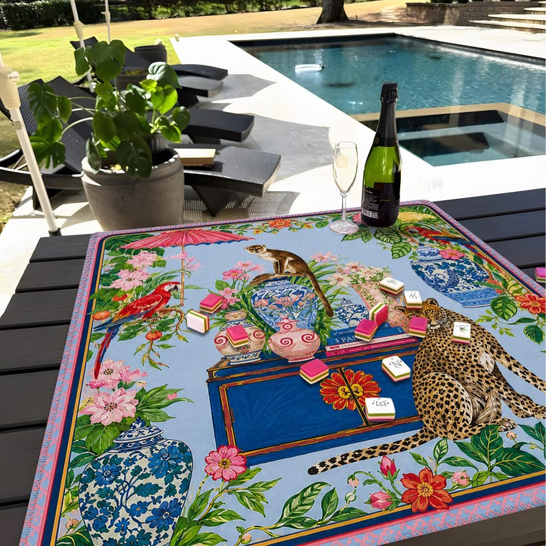 Vibrant Chinoiserie Mahjong Mat, Exotic Animals And Floral Print, Decorative Game Pad, Elegant Table Accessory