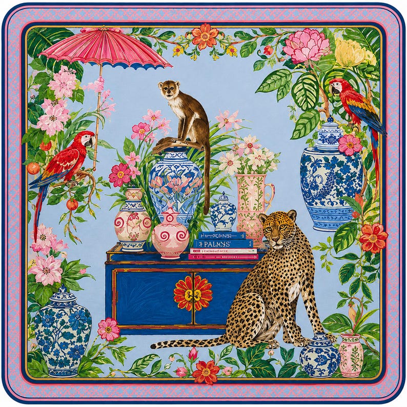 Vibrant Chinoiserie Mahjong Mat, Exotic Animals And Floral Print, Decorative Game Pad, Elegant Table Accessory