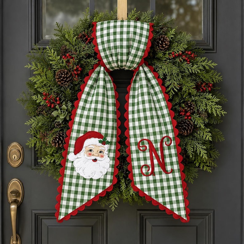 Personalized Embroidered Christmas Wreath Sash, Monogram Letter Wreath Bow, Santa Claus Embroidery Applique