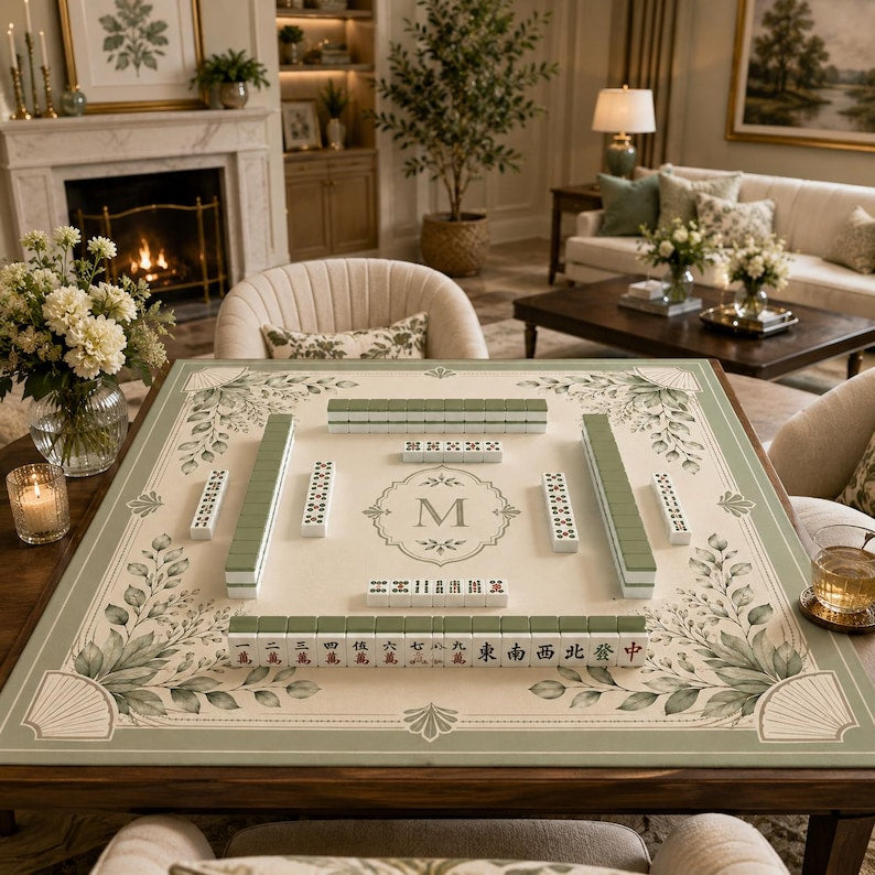 Personalized Sage Botanical Mahjong Mat, Custom Initial American Mahjong Mat, Luxury Neutral Garden Decor