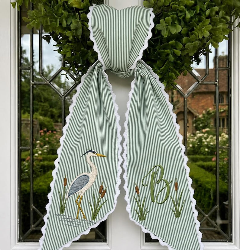Personalized Blue Heron Wreath Sash, Custom Embroidered Light Blue Seersucker Door Bow, Coastal Front Porch Decor