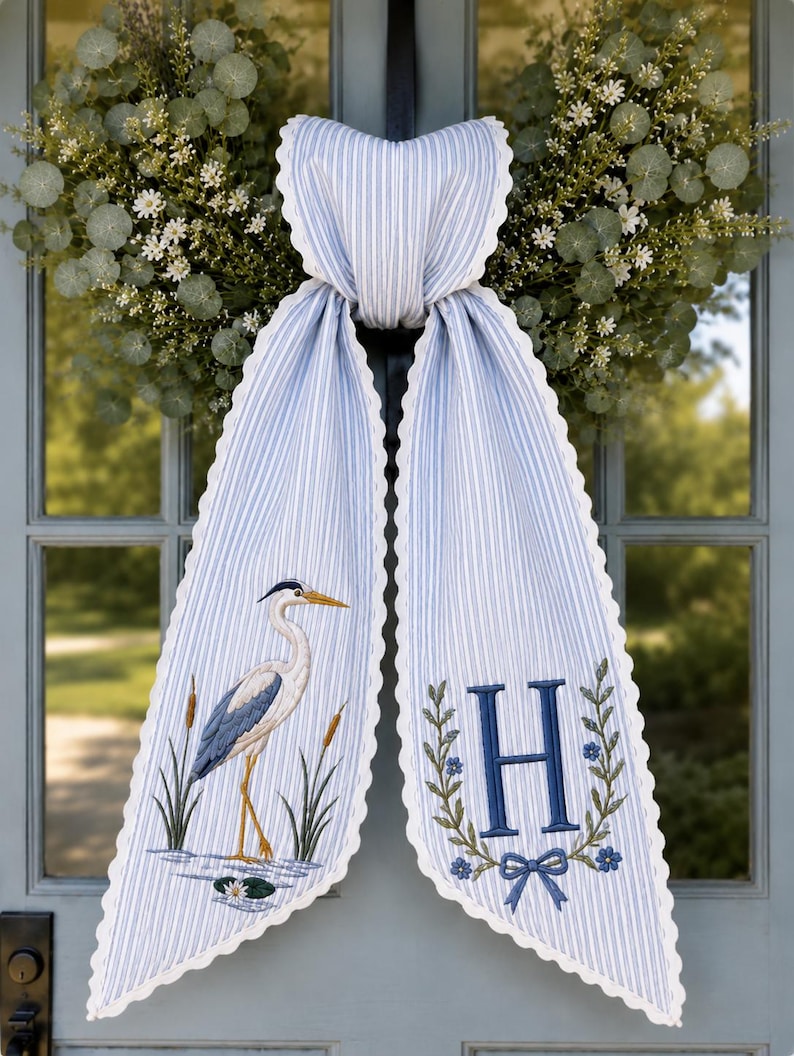 Personalized Blue Heron Wreath Sash, Custom Embroidered Light Blue Seersucker Door Bow, Coastal Front Porch Decor