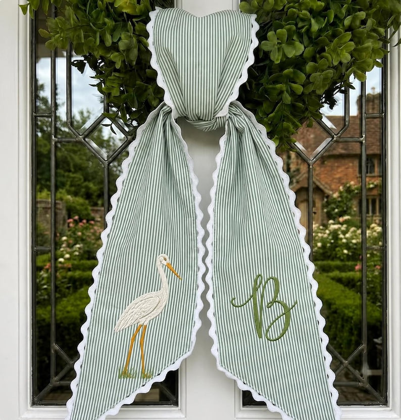 Personalized Blue Heron Wreath Sash, Custom Embroidered Light Blue Seersucker Door Bow, Coastal Front Porch Decor
