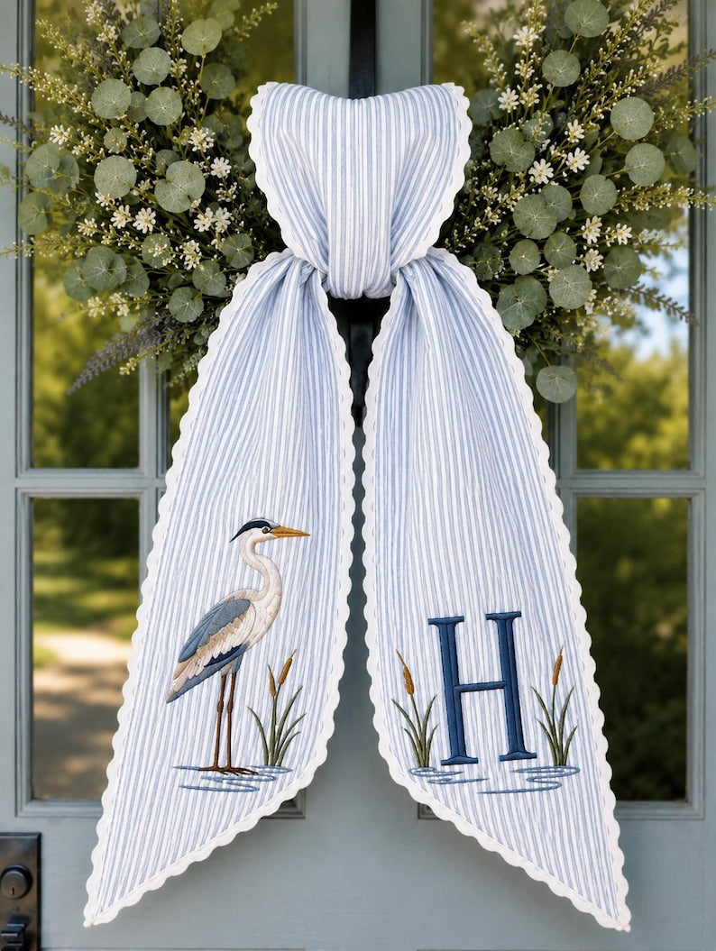 Personalized Blue Heron Wreath Sash, Custom Embroidered Light Blue Seersucker Door Bow, Coastal Front Porch Decor