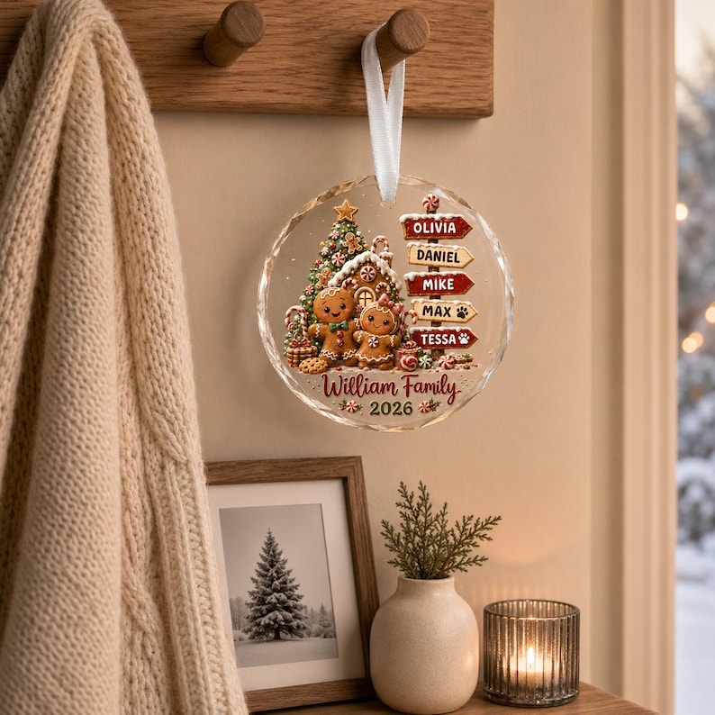Personalized Family Christmas Ornament 2026, Custom Name Gingerbread Signpost, Glass Tree Keepsake