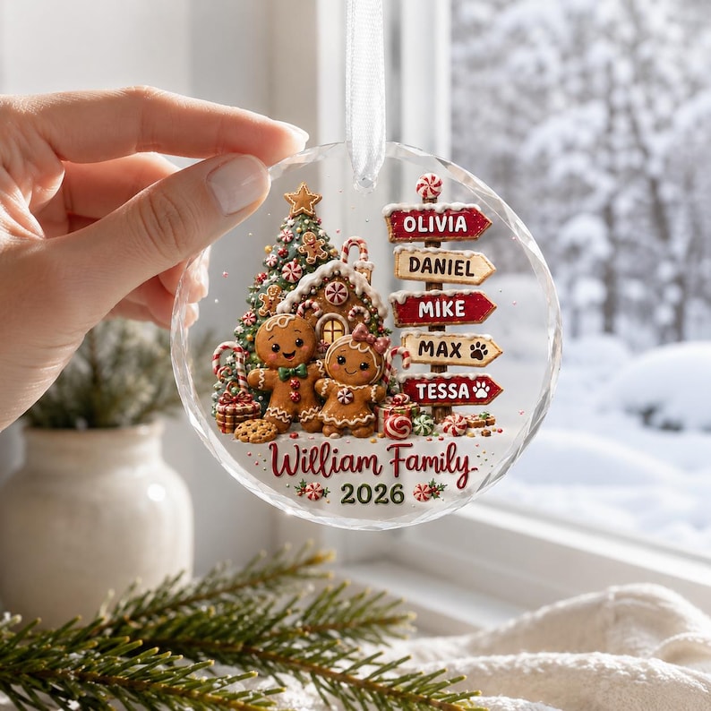 Personalized Family Christmas Ornament 2026, Custom Name Gingerbread Signpost, Glass Tree Keepsake