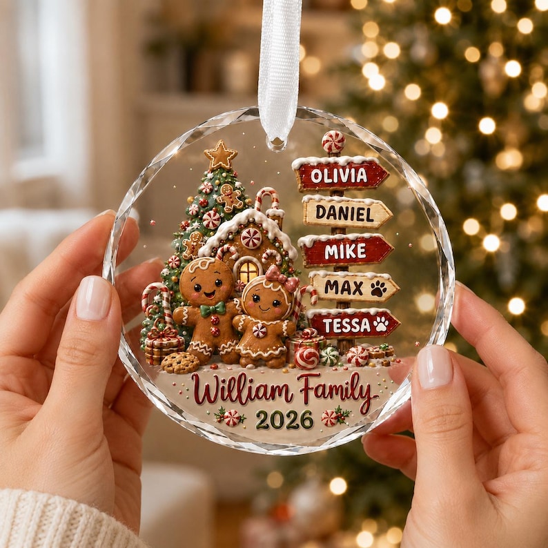 Personalized Family Christmas Ornament 2026, Custom Name Gingerbread Signpost, Glass Tree Keepsake