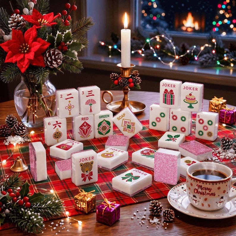 Glitter Glam Holiday Christmas Mahjong Tiles, 4 Colors For You To Choose