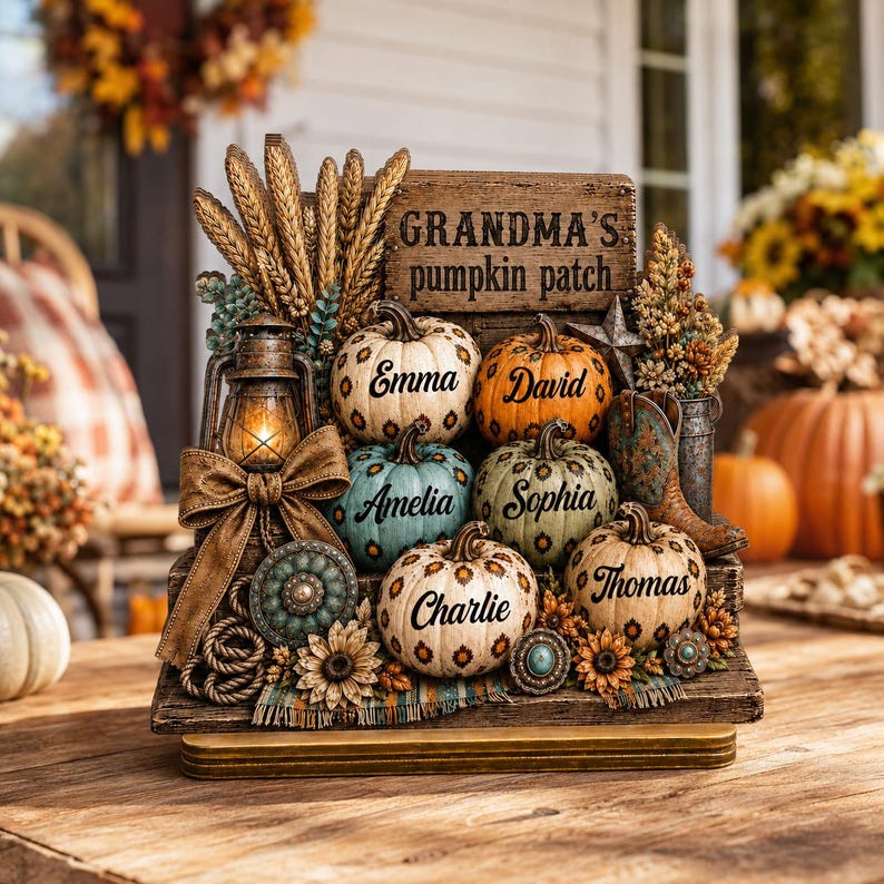 Personalized Grandma’s Pumpkin Patch Plaque, Custom Grandkids Fall Decor, Western Pumpkin Family Sign