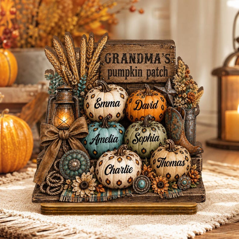 Personalized Grandma’s Pumpkin Patch Plaque, Custom Grandkids Fall Decor, Western Pumpkin Family Sign