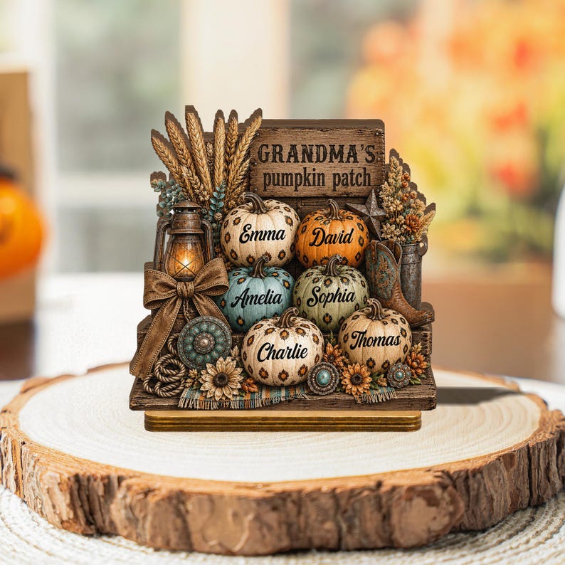 Personalized Grandma’s Pumpkin Patch Plaque, Custom Grandkids Fall Decor, Western Pumpkin Family Sign