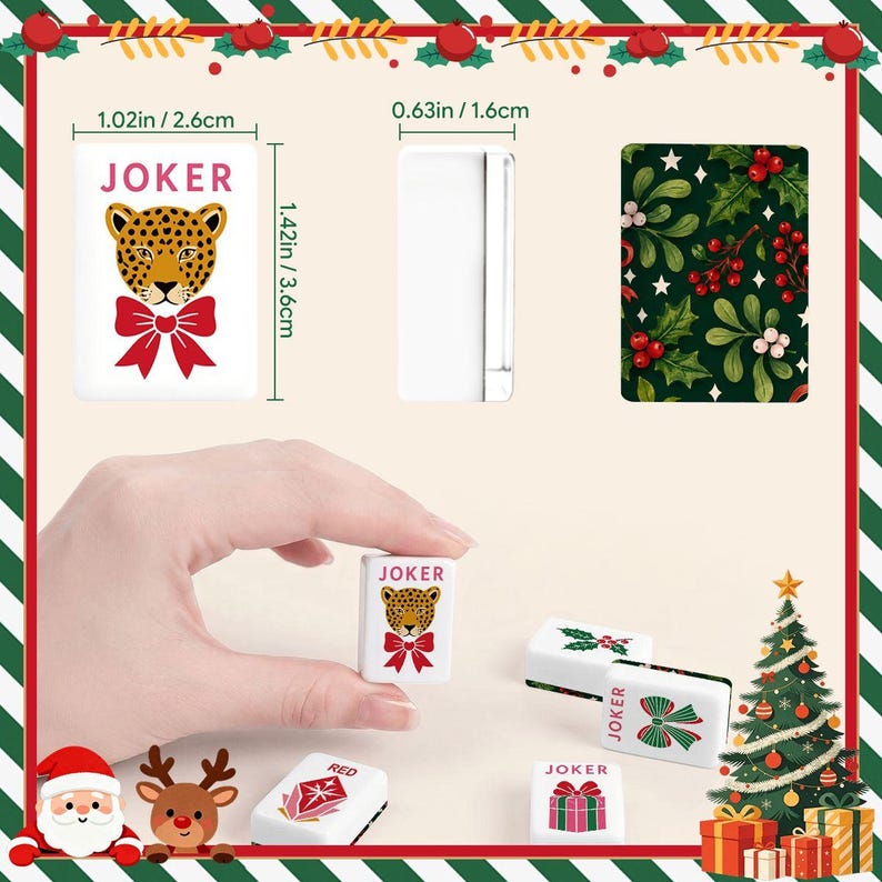 Glam Holiday Christmas Mahjong Tiles, Two Back Design Choice, Botanical or Checker Back Design