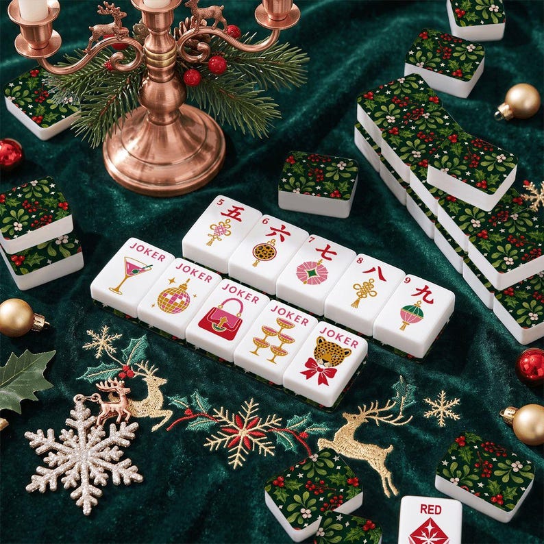 Glam Holiday Christmas Mahjong Tiles, Two Back Design Choice, Botanical or Checker Back Design