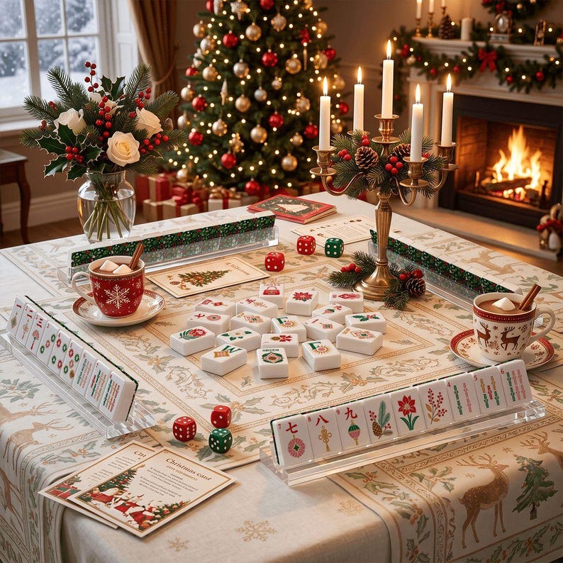 Glam Holiday Christmas Mahjong Tiles, Two Back Design Choice, Botanical or Checker Back Design