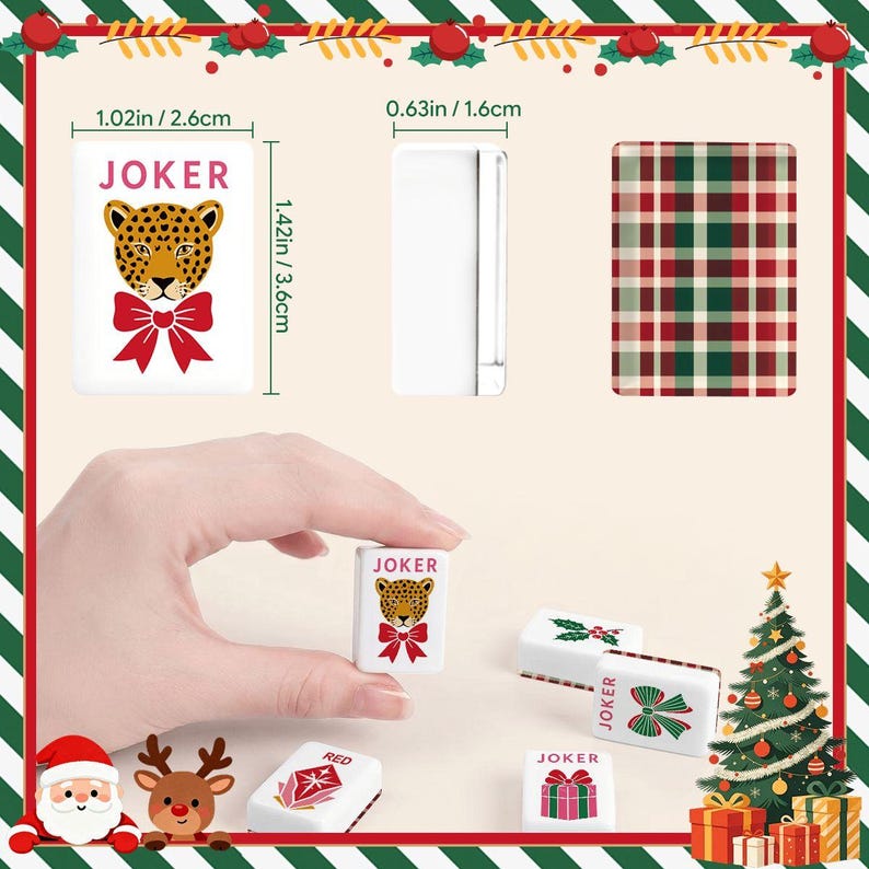 Glam Holiday Christmas Mahjong Tiles, Two Back Design Choice, Botanical or Checker Back Design