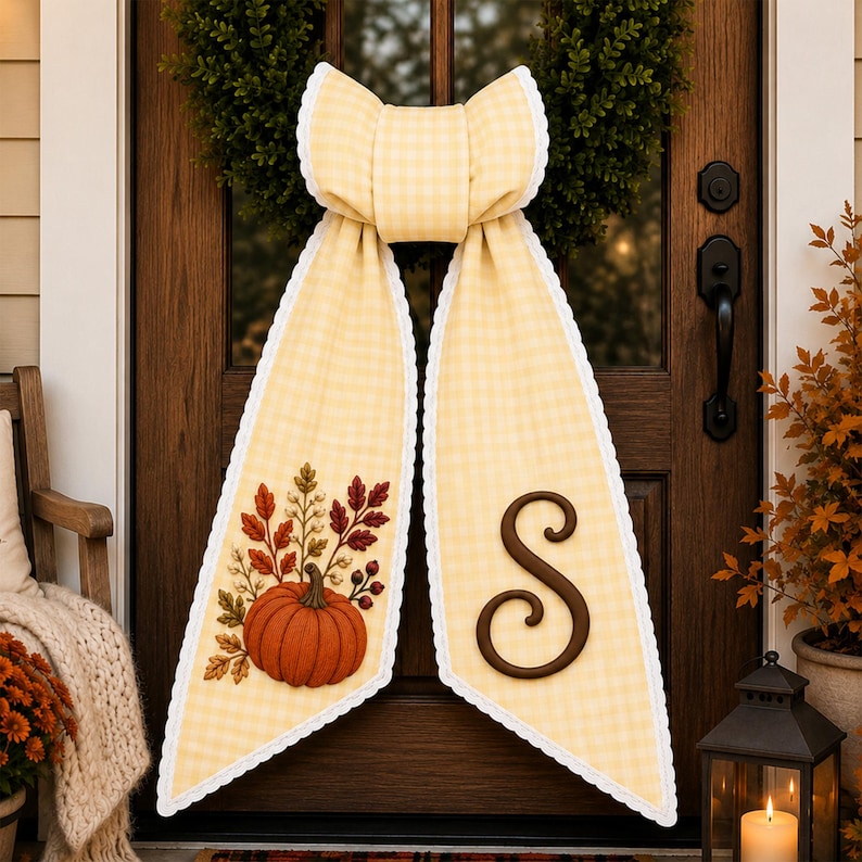 Personalized Fall Wreath Sash, Embroidered Pumpkin Door Bow With Monogram, Autumn Front Door Decor