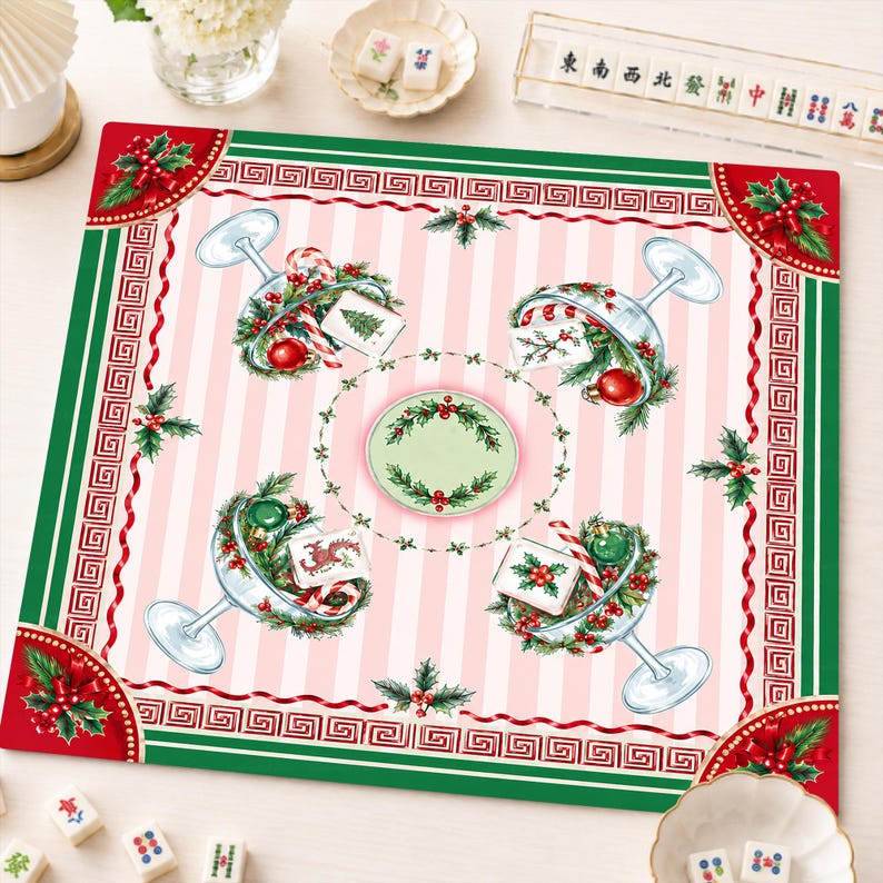Christmas Cocktail Mahjong Mat, Stripe Holiday Mahj Mat, Festive Holly Martini Game Night Gift, Non-Slip Table Cover