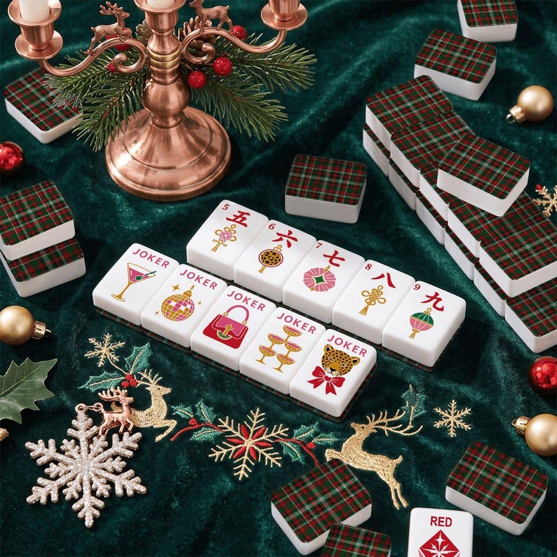 Christmas Mahjong Tiles Set, Holiday Mahjong Game, Festive American Mahjong Tiles, Plaid Tile Backs