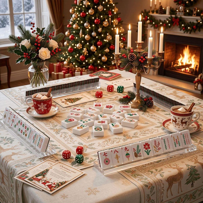 Christmas Mahjong Tiles Set, Holiday Mahjong Game, Festive American Mahjong Tiles, Plaid Tile Backs