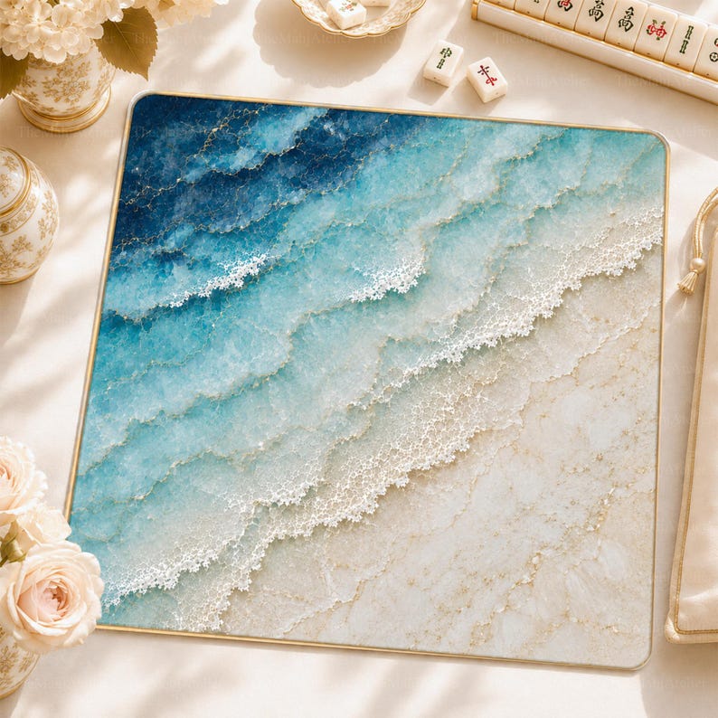 Turquoise Ocean Wave Mahjong Mat, Coastal Beach Game Night Mat, American Mahjong Gift