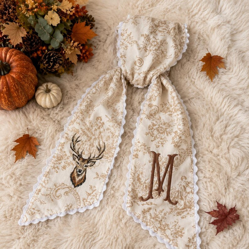 Personalized Stag Wreath Sash, Tan Check Plaid Door Bow with Scalloped Edge, Rustic Woodland Deer Embroidery